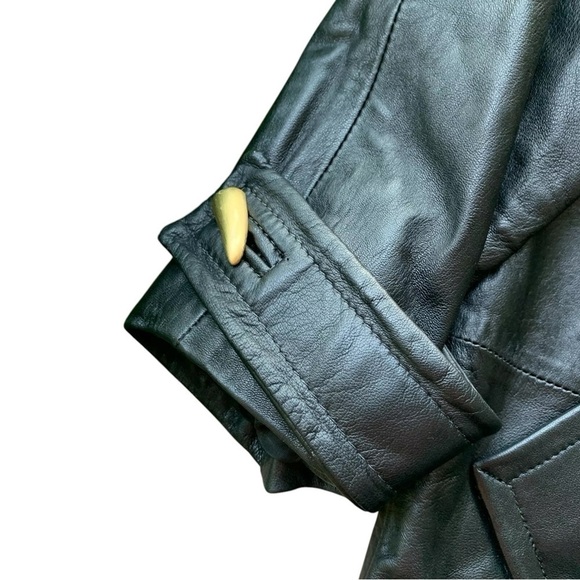 LNR Genuine Leather Buttoned Trench Coat Jacket Black Gold Metallic Size M - Picture 5 of 9